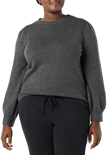 Amazon Essentials Women's Soft Touch Pleated Shoulder Crewneck Sweater, Charcoal Heather, X-Small