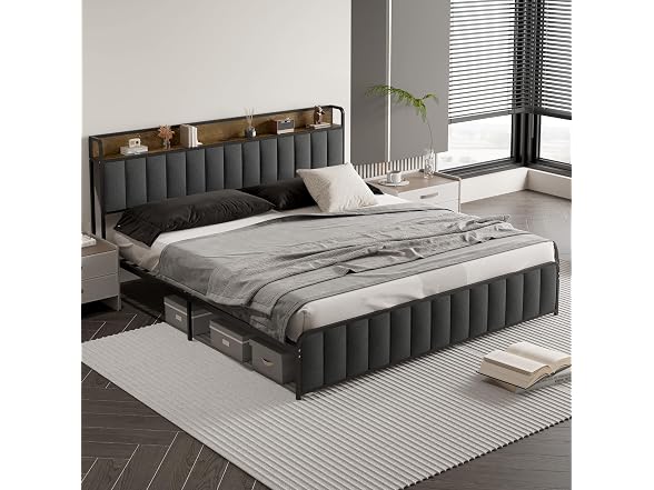 GAOMON King Bed, Storage Headboard, Grey
