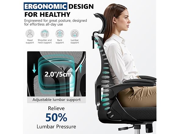 FINATI Ergonomic Office Chair, Mesh Desk Chair with Adjustable Headrest & Lumbar Support, Rolling Computer Chair with Flip-up Armrests, Comfy Swivel Home Office Chair for Long Hours - Black (Open Box)