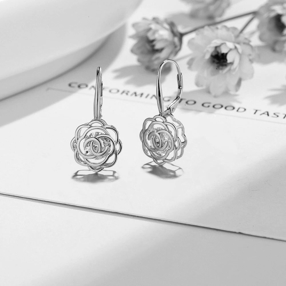 Sterling Silver Crystal Rose Earrings - Gallery 13