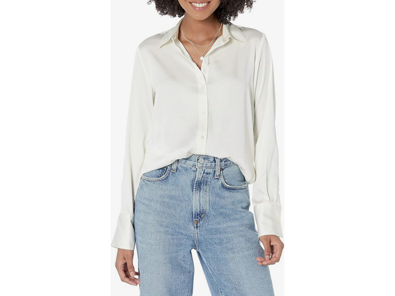 Amazon Essentials Women's Regular-Fit Satin Button Down Blouse (Available in Plus Size), Eggshell, Medium