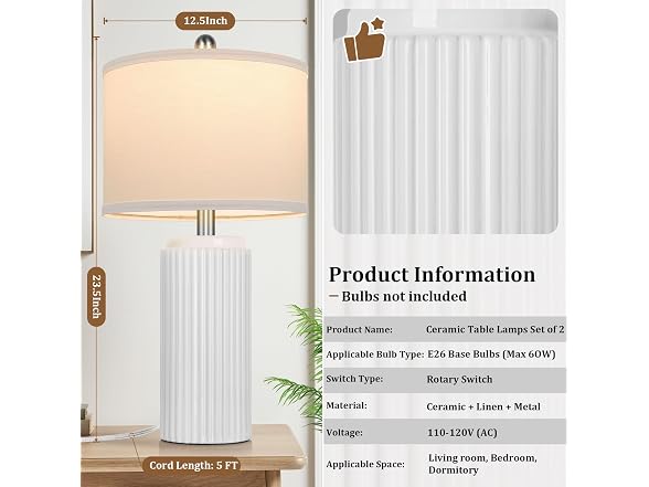 TOBUSA 23.5" White Ceramic Table Lamps Set of 2