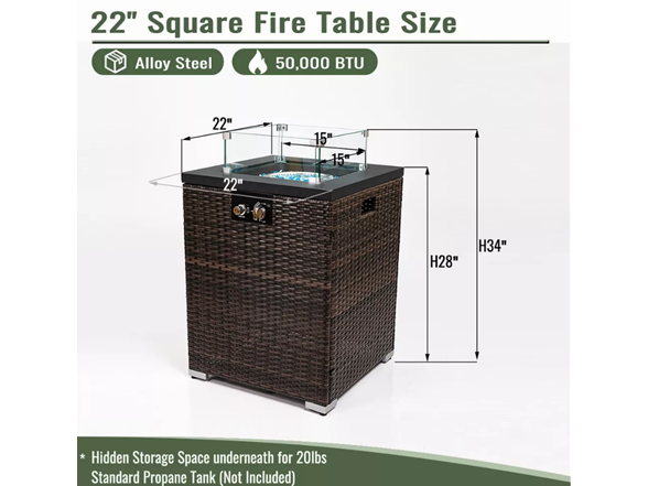 22" Sq 40k BTU Wicker Base Fire Table – Black