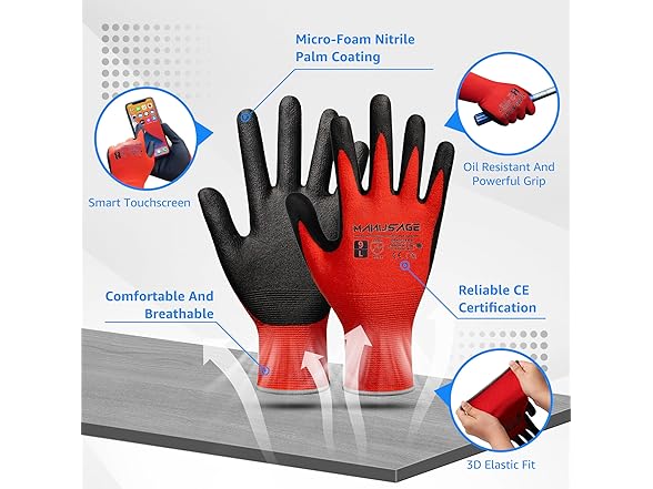 MANUSAGE work gloves with grip, 24 Pairs, Red XL