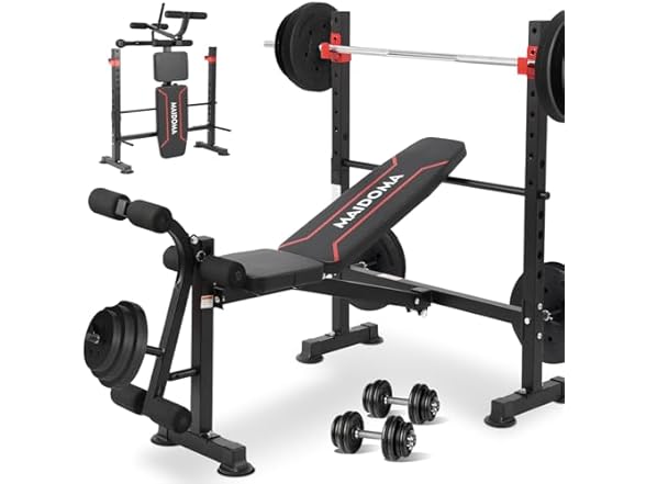 HILIKE Standard Weight Bench Set with Leg Extension and Leg Curl, Adjustable Bench Press with Squat Rack, Foldable Flat Incline Decline Workout Bench for Home Gym Full Body (US Stock)1 (Open Box)