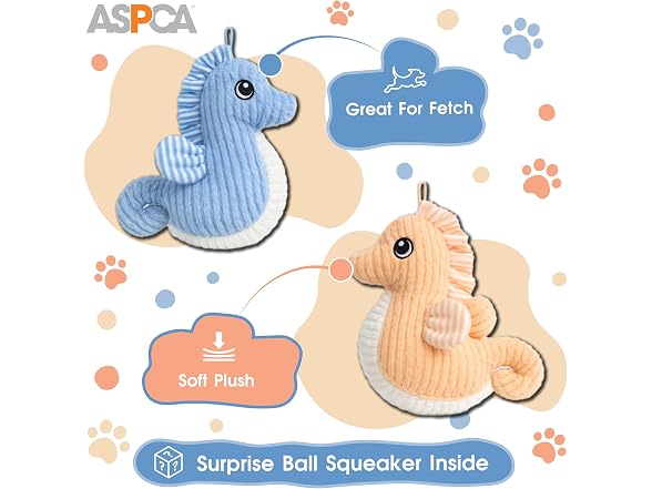 ASPCA 2 Pack Plush Dog Toy with Squeaker, Sea Horse