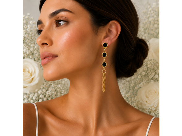 18K Gold Black Stone Tassel Earrings