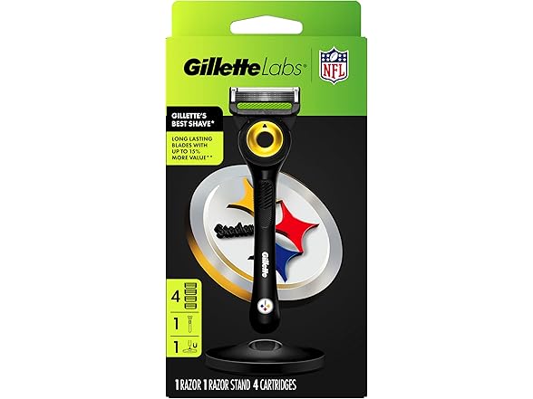 Gillette Labs Special NFL Steelers Edition Shaving Razor for Men - 1 Handle, 4 Razor Blade Refills & Magnetic Stand, GilletteLabs with Exfoliating Bar