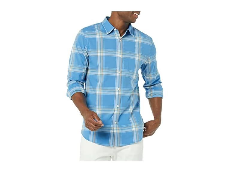 Amazon Essentials Men's Long-Sleeve Slim-Fit Stretch Poplin Shirt, Light Blue Orange Plaid, Small