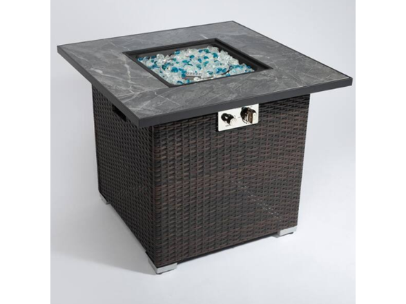 30" Brown Wicker Fire Table + Lid & Cover