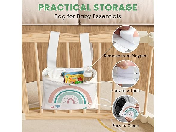 Foldable Wooden Playpen - Adjustable Wood Baby Play Yard with Child-Proof Lock, Indoor Large Safety Fence for Babies and Toddlers - Easy Assembly, 55 x 55 x 24 inches, Rainbow Dream, Natural (Open Box)