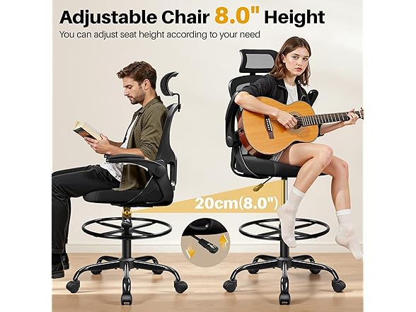 FINATI Drafting Chair, Tall Office Chair for Standing Desk, Ergonomic High Back with Headrest, Lumbar Support, Foot Ring and Flip-up Armrests, Black (Open Box)