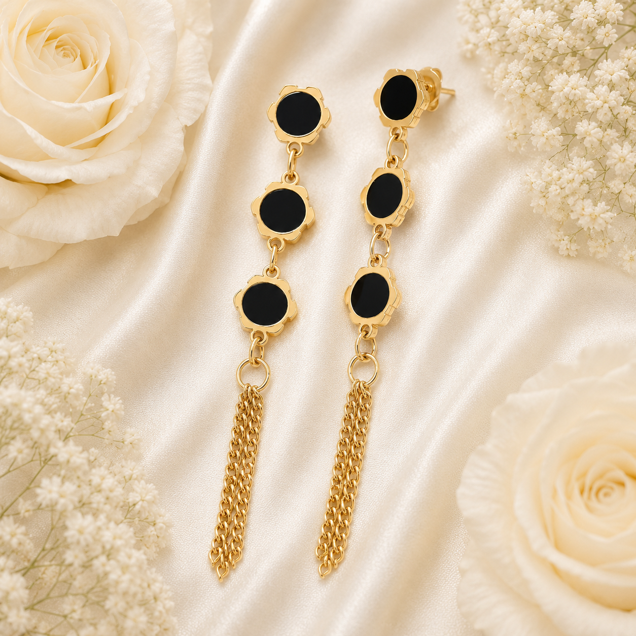 18K Gold Black Stone Tassel Earrings - Gallery 5
