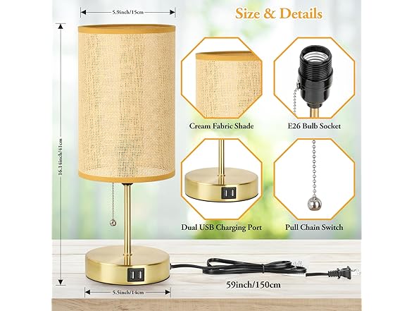 Lakumu 2 Pack Table Lamps w/USB, Yellow