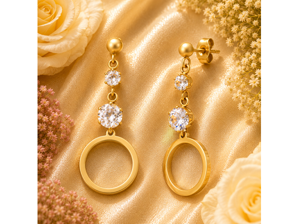 18K Gold CZ Circle Drop Earrings