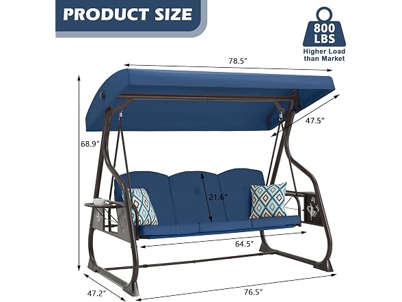 ZZW 3-Seat Patio Porch Swing 800LBS Outdoor Swing with Stand