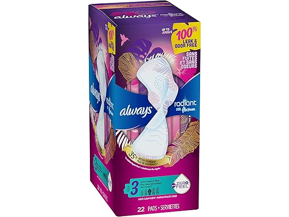 Always Radiant Feminine Pads For Women, Size 3 22-Ct