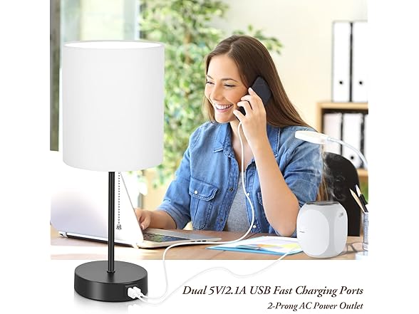 Bosceos Table Lamps with White Shades and USB Charging Ports, 2PK