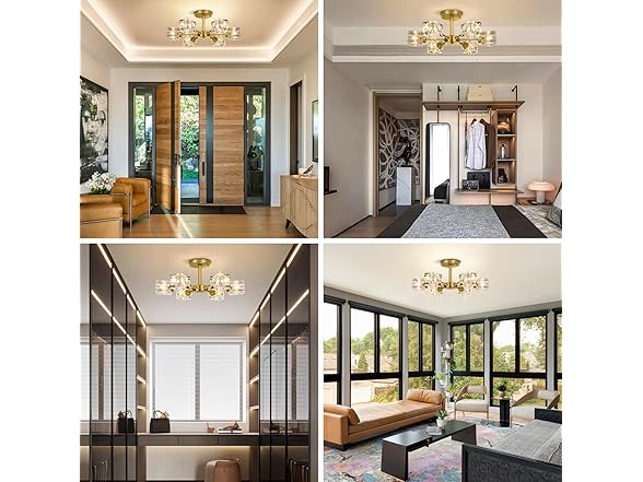 Modern Crystal Chandelier, 6-Light Gold Flush Ceiling Light