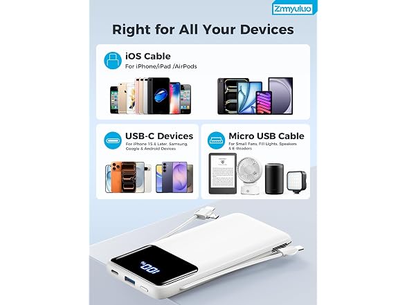Zmmyuluo 10000mAh Power Bank w/Cables