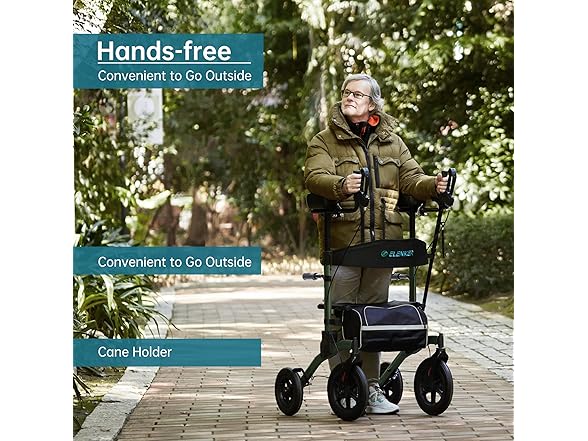 ELENKER All-Terrain Upright Rollator Walker, Stand up Rolling Walker with Seat, 12” Non-Pneumatic Tire Wheels, Compact Folding Design for Seniors, Green (Open Box)