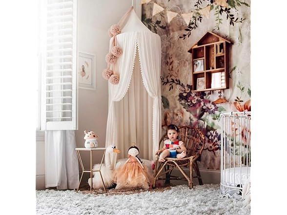 OldPAPA Kids Bed Canopy with Pom Pom Décor
