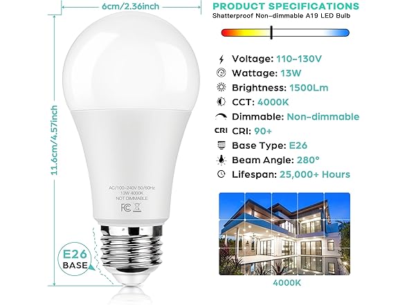 Brightever 12-Pack 4000K LED Light Bulbs