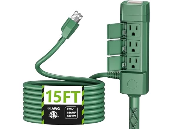 BN-LINK 15ft Outdoor Extension Cord 14/3 SJTW Waterproof with Power Stake