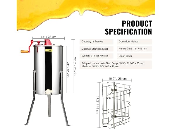Manual Honey Extractor, 3 Frames Honey Spinner