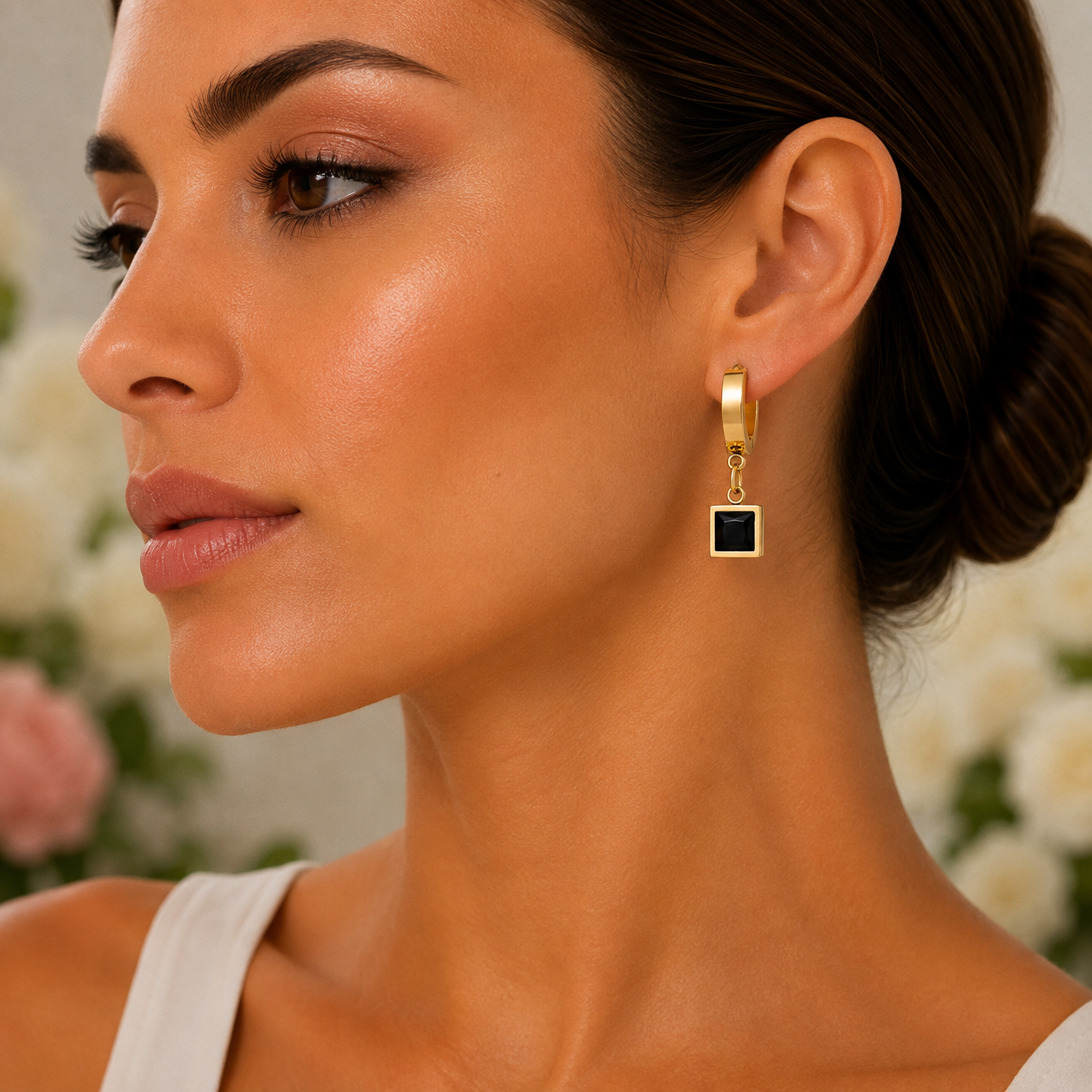 18K Gold Black Square Stone Huggies - Gallery 5
