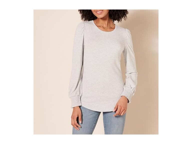 Amazon Essentials Women's Long-Sleeve Crewneck Smocked Cuff T-Shirt, Grey Heather, X-Small