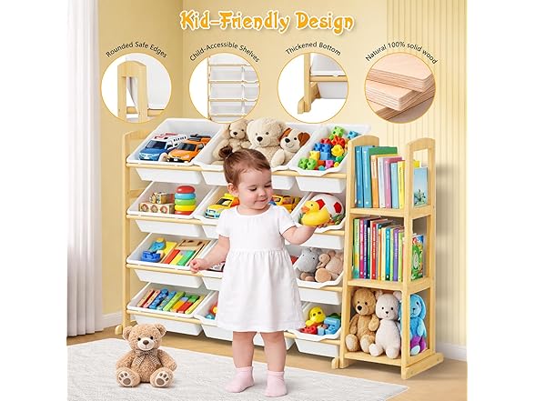 Etitlly Kids Toy Storage Organizer with Bookshelf – Wooden Shelf with 16 Bins & 3 Shelves, Quick Assembly Storage Rack for Playroom, Bedroom, Nursery - White (Open Box)