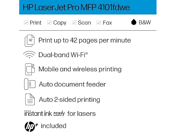 HP LaserJet Pro MFP 4101fdwe Wireless Black & White Monochrome Printer