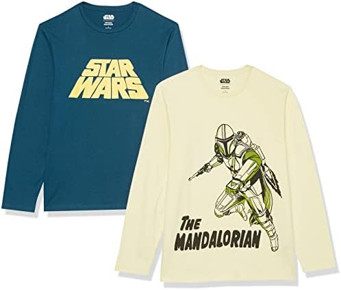 Amazon Essentials Disney | Marvel | Star Wars Men's Long-Sleeve T-Shirts, Pack of 2, Light Yellow Star Wars Mando/Navy Star Wars, Small