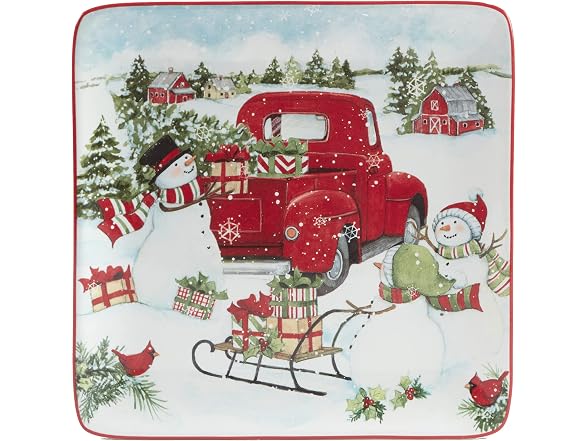 Red Truck Snowman 8.5" Salad/Dessert Plates, Set of 4