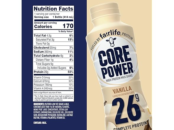 12PK Core Power Protein Shake, Vanilla, 26g Bottle