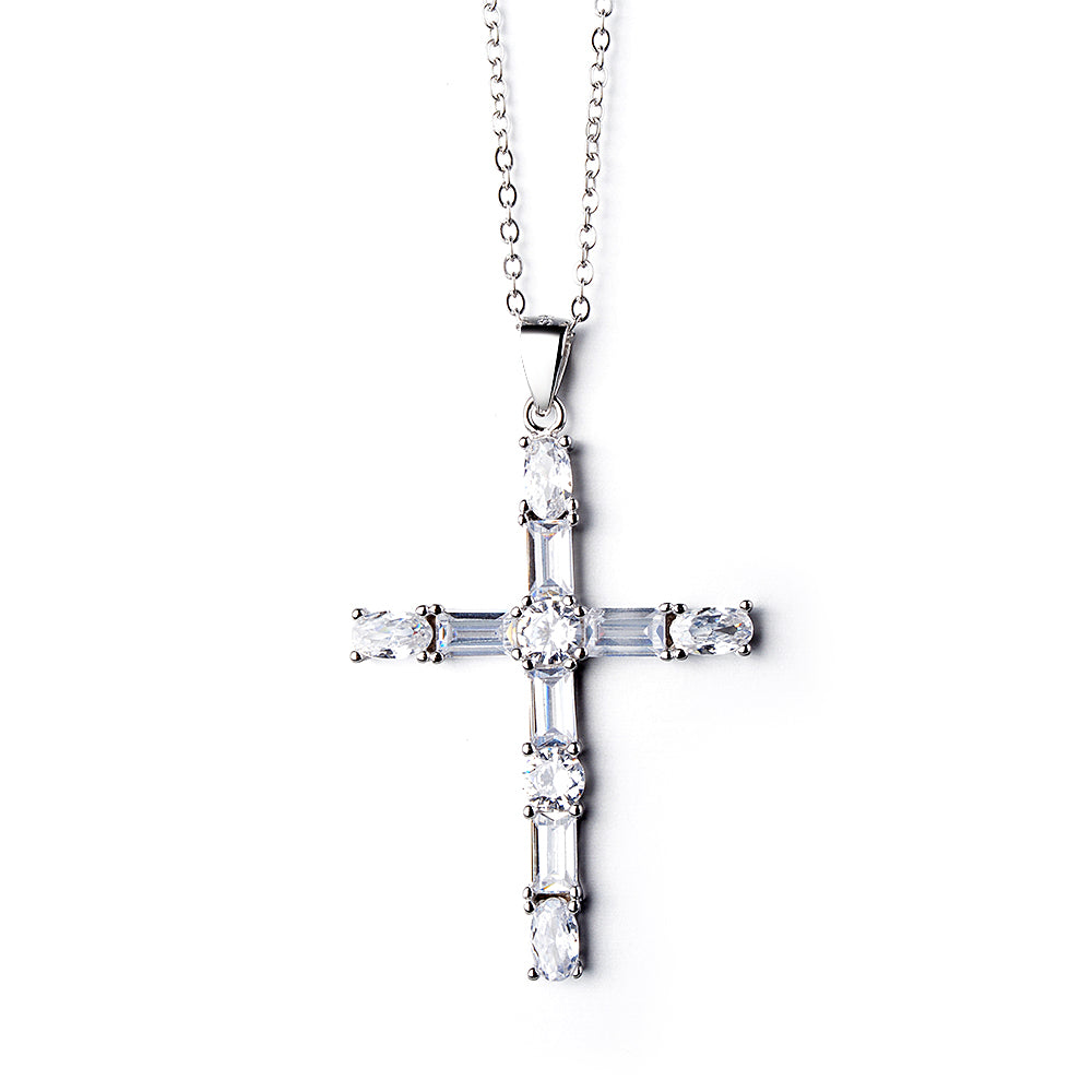 White Gold Plated Cross Necklace - Gallery 3