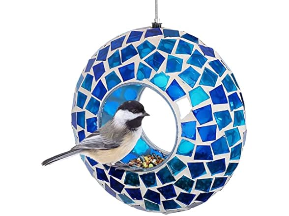 Sunnydaze 6-Inch Glass Mosaic Hanging Bird Feeder, Blue Mosaic