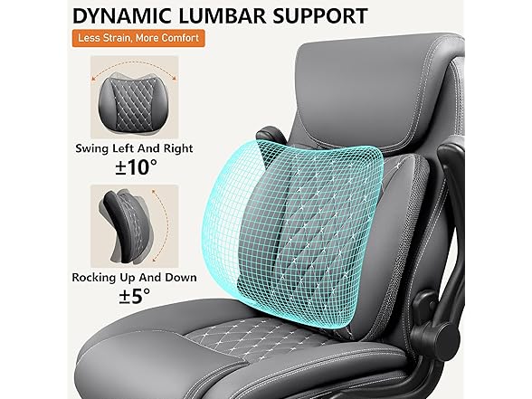 BESTFAIR Office Chair, Executive Computer Desk Chair with Lumbar Support for Lower Back Pain Relief, Ergonomic Leather Home Chair Comfy with Padded Flip-up Arms and Adjustable Armrests, Gray (Open Box)
