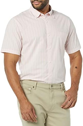 Amazon Essentials Men's Slim-Fit Short-Sleeve Poplin Shirt, Beige Pink Double Stripe, X-Large