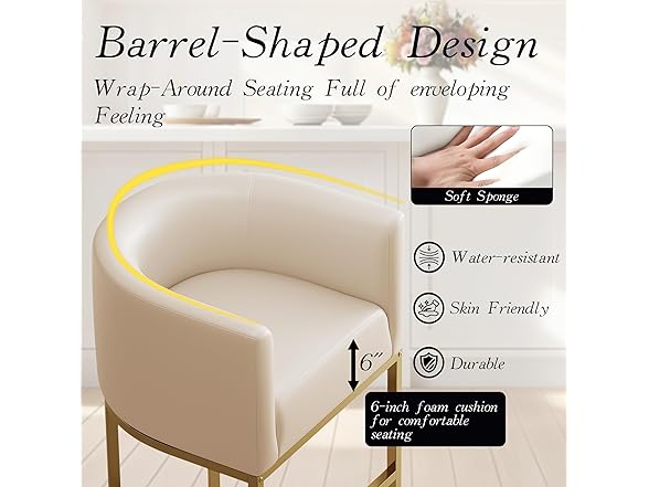 LVHOMLAX Modern Counter Height Bar Stools,Bar Stools Set of 3,Faux Leather Upholstered Barrel Barstools with Backs,26'' Kitchen Island Chairs,Gold Metal Frames,Beige White Leather (Open Box)
