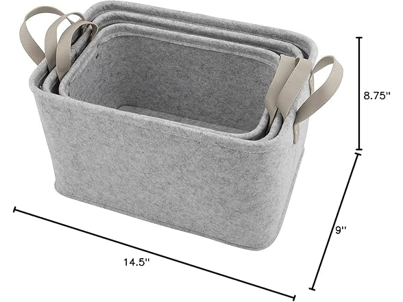 Grey Felt Storage Basket Set, 3 Pieces