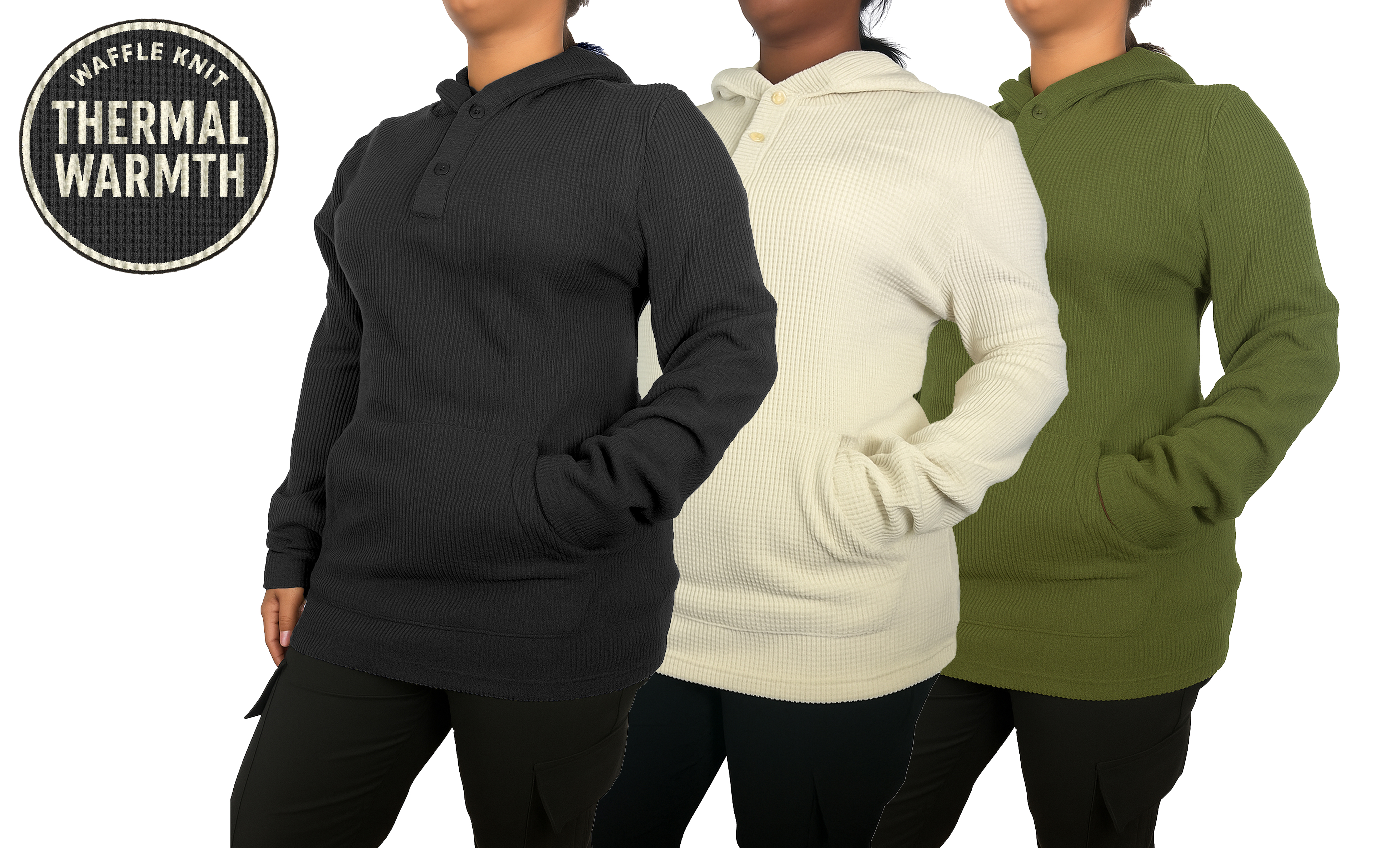3Pk Womens Waffle-Knit Henley Pullover Hoodie - Gallery 11