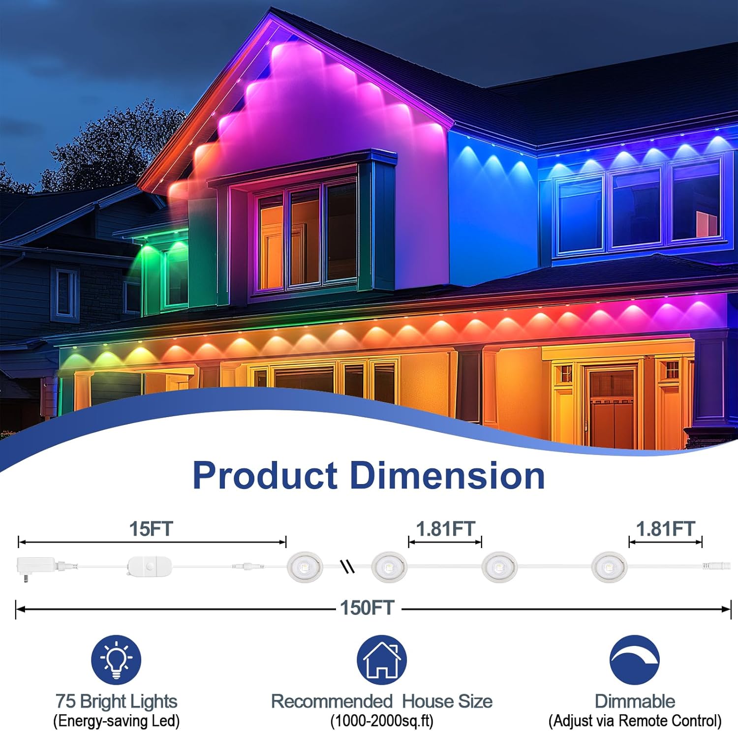 Brightever Permanent 150FT Outdoor Lights, Smart RGBIC - Gallery 9