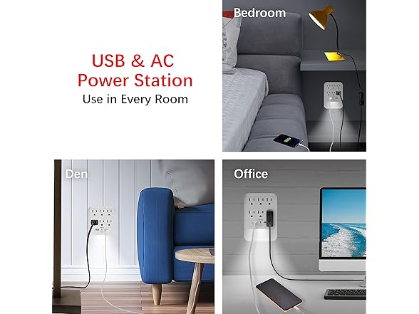 Clear Power 6-Outlet 600 Joule Wall-tap w/2-port USB-A Charger & Nightlight