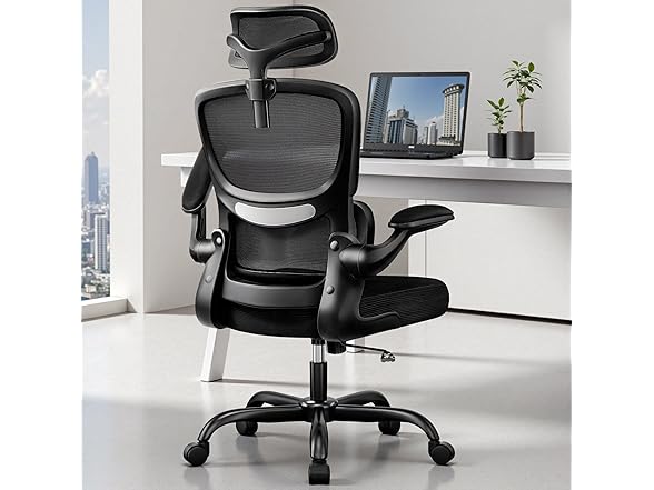 BESTFAIR High Back Ergonomic Office Chair, Breathable Mesh Desk Chair with Lumbar Support, Adjustable Headrest, Flip-up Armrests, Computer Gaming Chair, (Black) (Open Box)