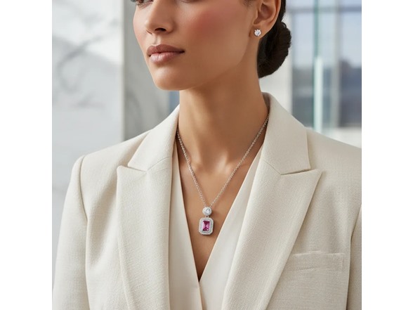 Pink Emerald Cut Diamond Halo Necklace