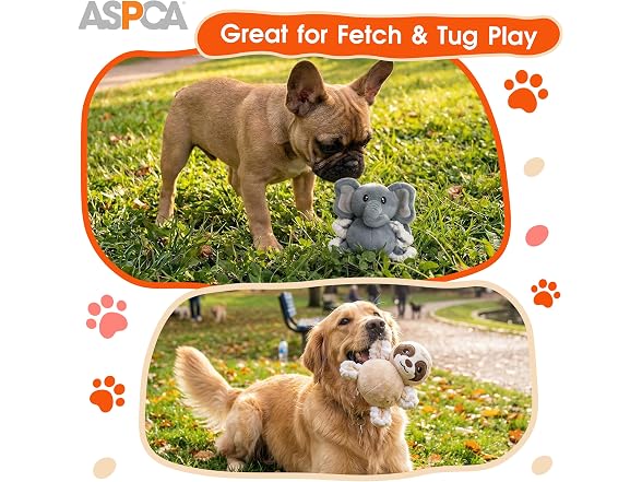 ASPCA 2 Pack Plush Dog Toy with Squeaker Elephant & Sloth