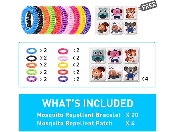 20 Pack Mosquito Bracelets with 4 Patches
