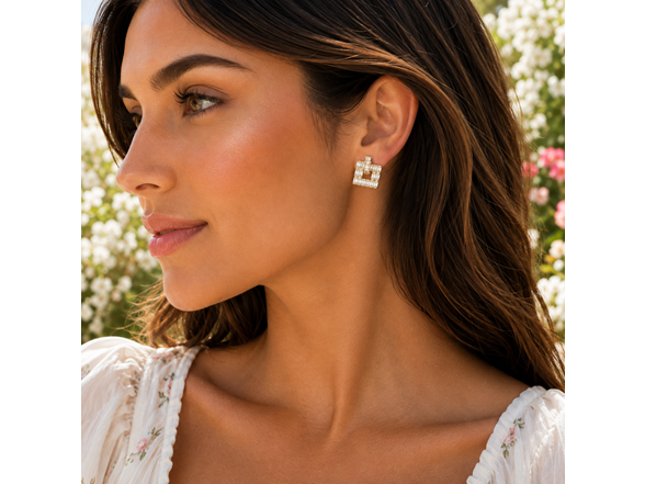 18K Gold Open Frame CZ Stud Earrings